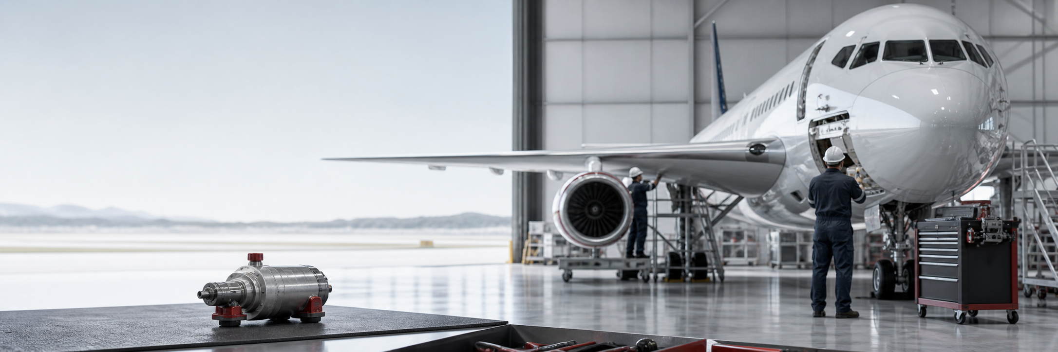 Fictional aircraft maintenance hangar prepared for a demonstration parts dispatch